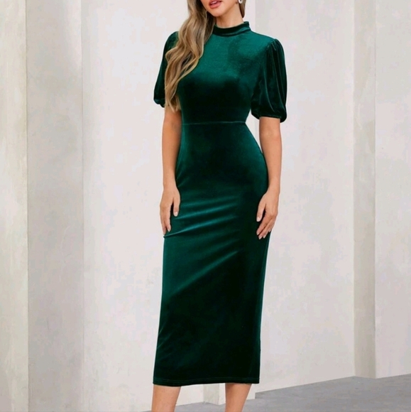 Women VelvetPuff Sleeve Stand Collar Green Short Sleeve Dress,Suitable For Party - Picture 1 of 4